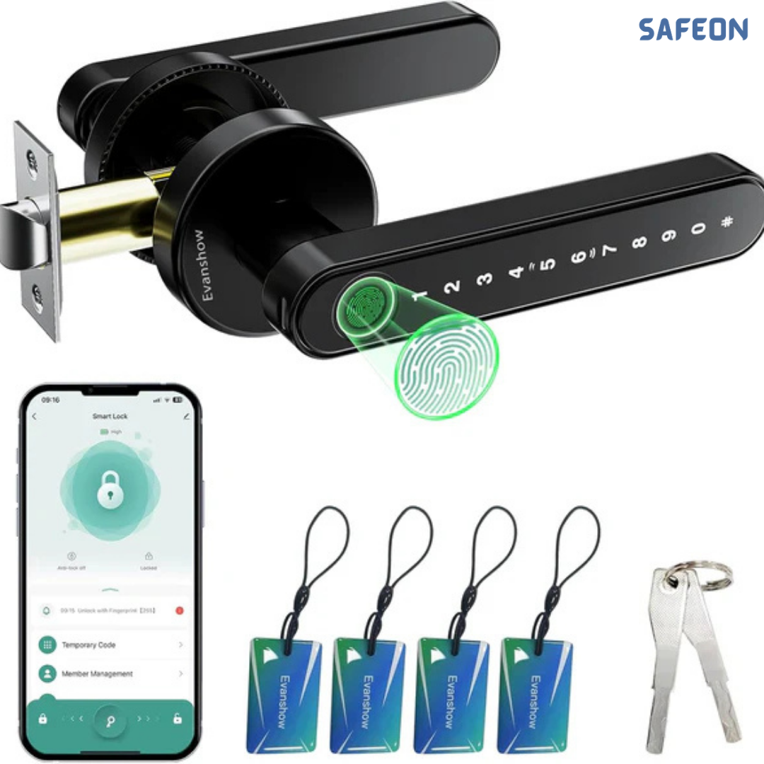 Safeon 5-in-1 Modern Living Smart Lock - Biometric Scan, App, Code, IC & Key For Next-Level Door Security.