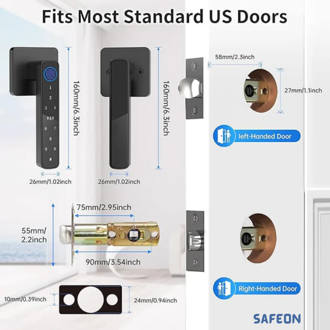 Safeon 5-in-1 Modern Living Smart Lock - Biometric Scan, App, Code, IC & Key For Next-Level Door Security.