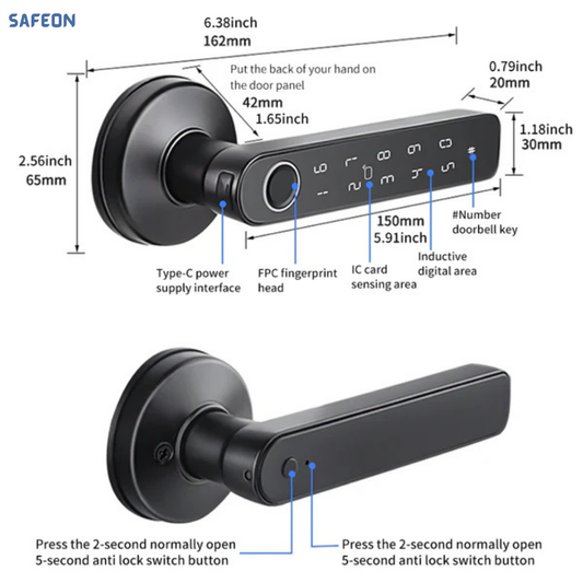 Safeon 5-in-1 Modern Living Smart Lock - Biometric Scan, App, Code, IC & Key For Next-Level Door Security.